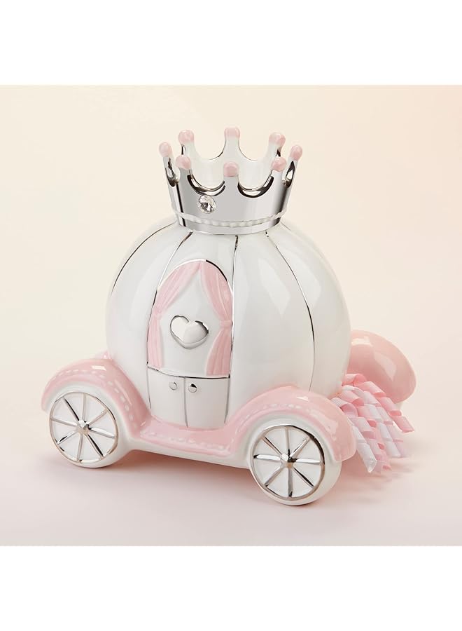 إيروريكس حصالة نقود مصنوعة من الخزف والسيراميك على شكل عربة أميرة لحفل استقبال المولود أو ديكور غرفة الطفلة باللون الوردي الفضي والأبيض - Image 4