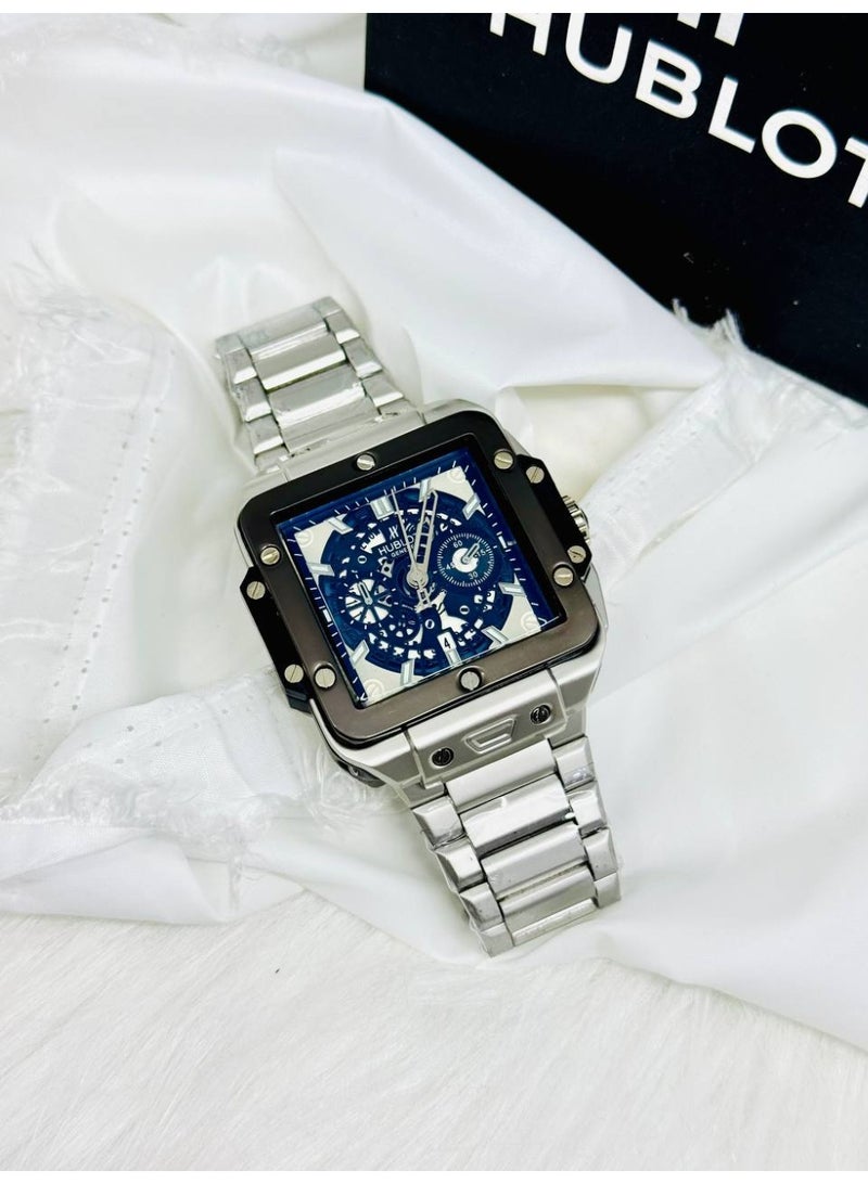 هوبلوت ساعة هوبلو كرونوغراف مربعة ثنائية اللون للرجال - سوار فضي وإطار أسود، مينا زرقاء