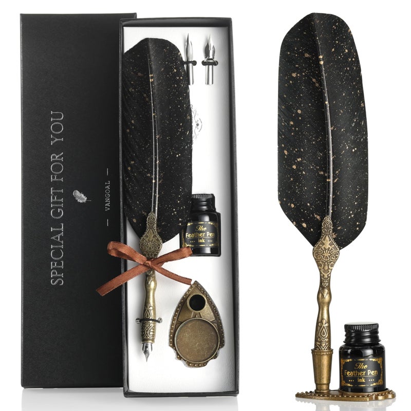 VANGOAL Vintage Black Feather Pen and Ink Set, Classic Series Goose Quill Pen with Carving Pen Stand, Calligraphy Pen Nibs, Black Dip Pen Ink, Antique Writing Gift for Writer - Image 1