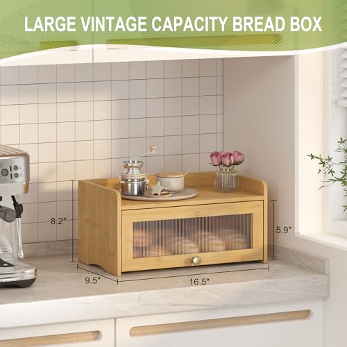 JANSNIMEN Vintage Bread Box for Kitchen Countertop, Bread Container Storage, Wooden Farmhouse Bread Box with Window Bread Holder (Vintage Bamboo) - Image 2