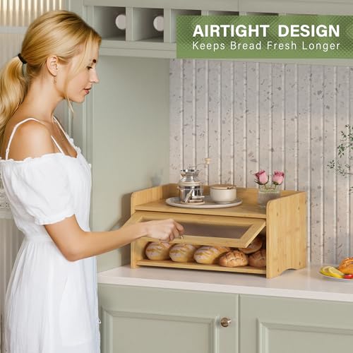 JANSNIMEN Vintage Bread Box for Kitchen Countertop, Bread Container Storage, Wooden Farmhouse Bread Box with Window Bread Holder (Vintage Bamboo) - Image 5