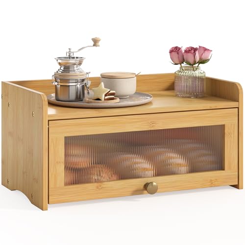 JANSNIMEN Vintage Bread Box for Kitchen Countertop, Bread Container Storage, Wooden Farmhouse Bread Box with Window Bread Holder (Vintage Bamboo) - Image 1