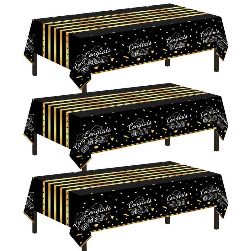Childom 3 Pack Graduation Tablecloth,Graduation Decorations Class of 2026 Graduation Party Decorations,54"x108" Black and Gold Plastic Table Cloth Disposable Rectangle for Home,School,Party Supplies - Image 1
