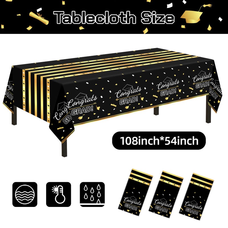 Childom 3 Pack Graduation Tablecloth,Graduation Decorations Class of 2026 Graduation Party Decorations,54"x108" Black and Gold Plastic Table Cloth Disposable Rectangle for Home,School,Party Supplies - Image 2