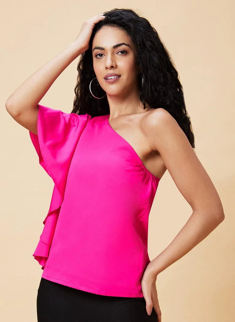 globus Globus Women Pink One Shoulder Flared Sleeve Top