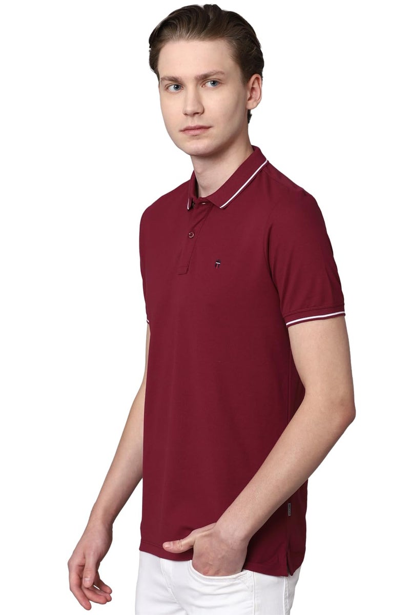 Louis Philippe Men Maroon Solid Polo Neck T-Shirt - Image 2