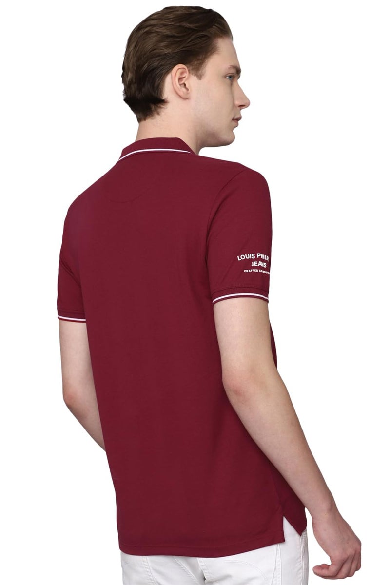 Louis Philippe Men Maroon Solid Polo Neck T-Shirt - Image 3