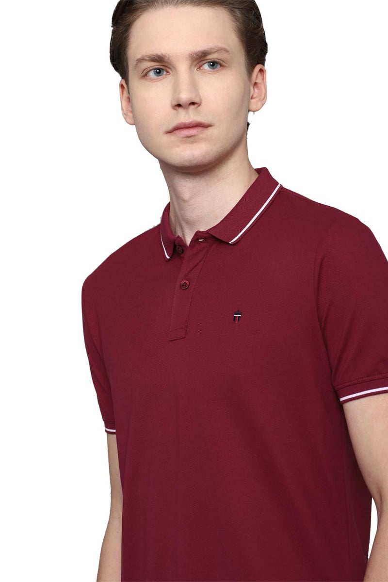 Louis Philippe Men Maroon Solid Polo Neck T-Shirt - Image 4