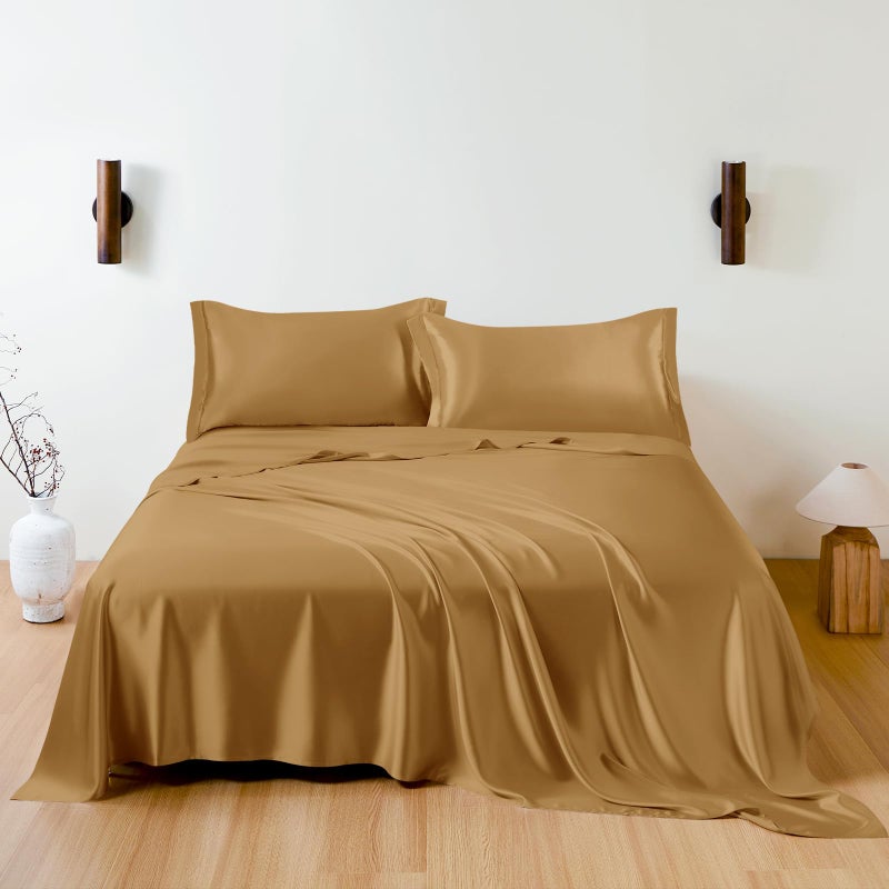 THXSILK 100 Mulberry Silk Sheet Set 7A Silk Sheet Set Soft Breathable Luxury Bedding 1 Flat Sheet 1 Fitted Sheet 2 Pillow Shams King Metallic Gold