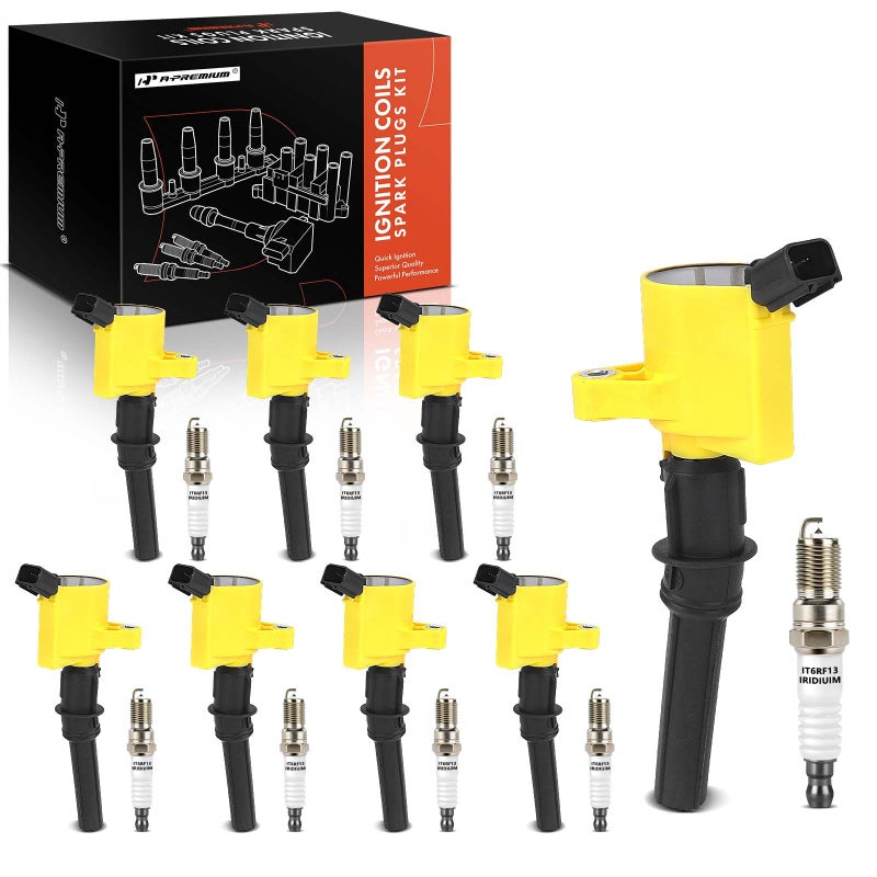 A-Premium APremium Ignition Coil Pack and Iridium Spark Plugs Compatible with Ford F150 Expedition E250 Crown Victoria Explorer Mustang E150 Lincoln Town Car Mercury 46L 54L Yellow Set of 8 - Image 2