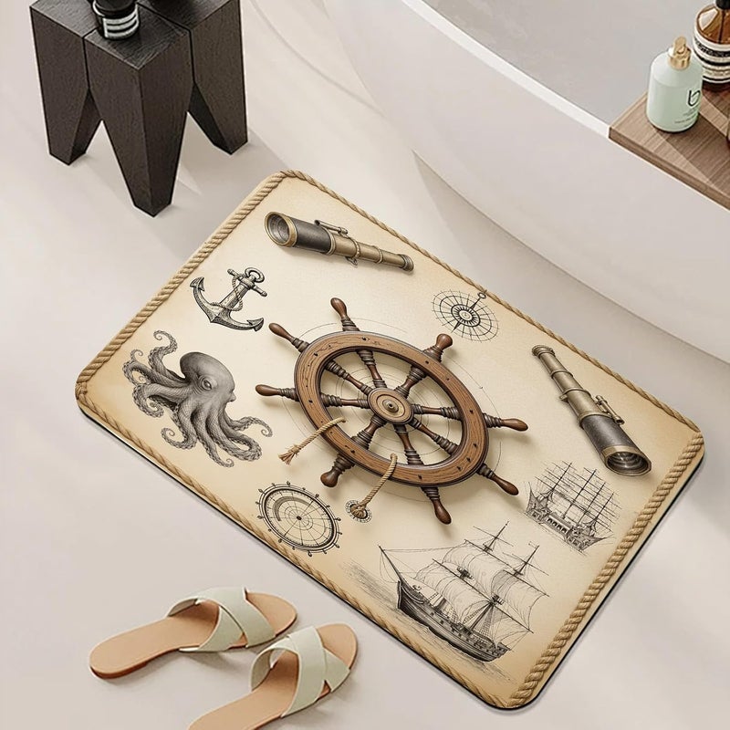 Ocean & Nautical Bathroom Rug, Sailboat Ship Wheel Anchor Bath Mat, Vintage Coastal Bathmats, Maritime Rug for Bathroom, Non Slip Floor Mat, Bathmat Absorbent & Washable & Quick Dry, 24x36 inch - Image 2