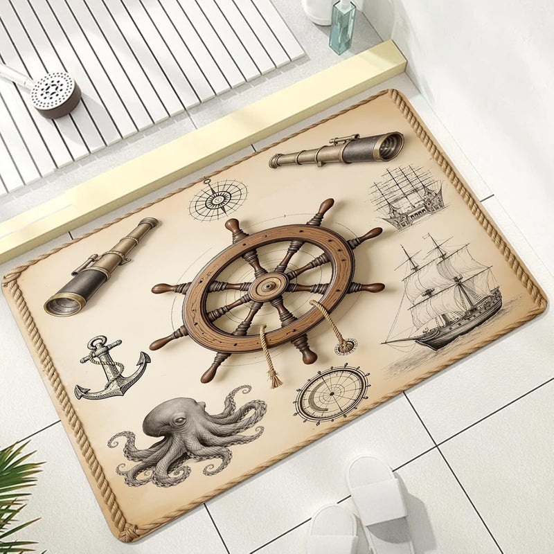 Ocean & Nautical Bathroom Rug, Sailboat Ship Wheel Anchor Bath Mat, Vintage Coastal Bathmats, Maritime Rug for Bathroom, Non Slip Floor Mat, Bathmat Absorbent & Washable & Quick Dry, 24x36 inch - Image 1