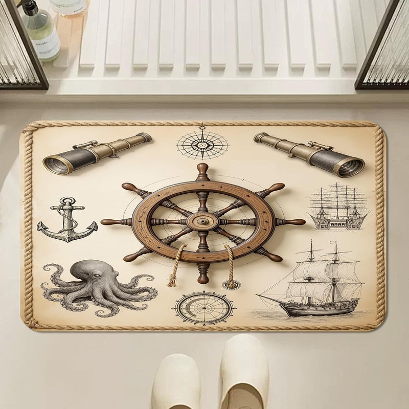 Ocean & Nautical Bathroom Rug, Sailboat Ship Wheel Anchor Bath Mat, Vintage Coastal Bathmats, Maritime Rug for Bathroom, Non Slip Floor Mat, Bathmat Absorbent & Washable & Quick Dry, 24x36 inch - Image 3