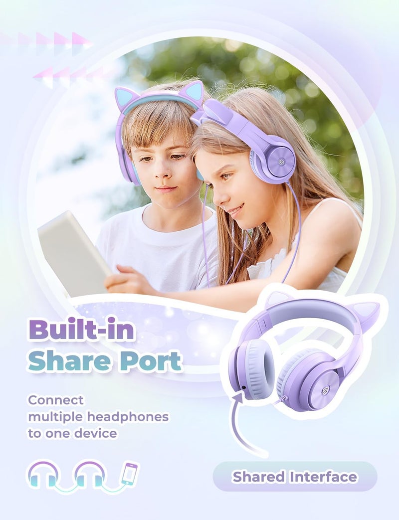 iClever Kids Headphones with Cat Ear Led Light Up, Safe Volume Limite Wired Headphones with FunShare Foldable Over-Ear Headphones for Kids/School/iPad/Tablet/Travel, Meow Donut-Purple - Image 3