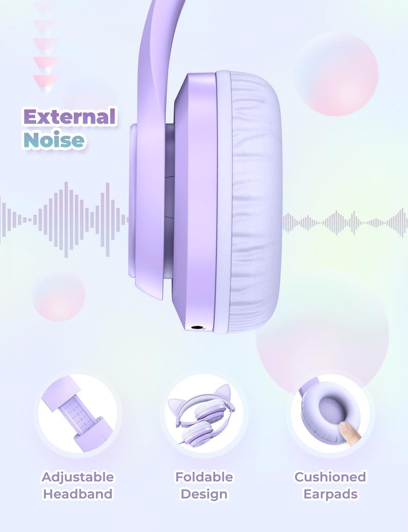 iClever Kids Headphones with Cat Ear Led Light Up, Safe Volume Limite Wired Headphones with FunShare Foldable Over-Ear Headphones for Kids/School/iPad/Tablet/Travel, Meow Donut-Purple - Image 5
