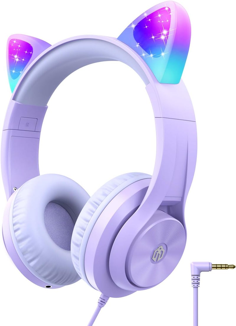 iClever Kids Headphones with Cat Ear Led Light Up, Safe Volume Limite Wired Headphones with FunShare Foldable Over-Ear Headphones for Kids/School/iPad/Tablet/Travel, Meow Donut-Purple - Image 1