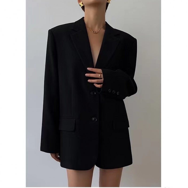 Black Suit Jacket Womens 2024 Autumn New Korean-style Loose Retro Casual Slimming Small Suit All-match Black