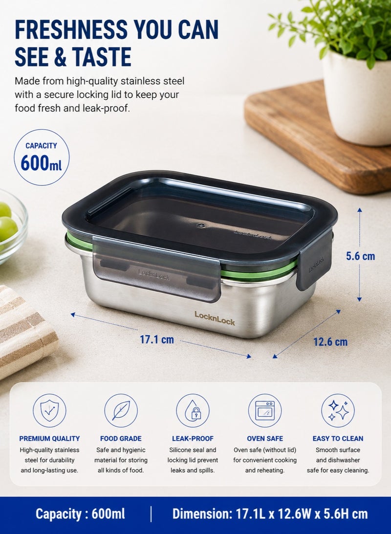 LocknLock Stainless Steel Rectangular Food Container 600ml Leakproof 4-Side Lock Lid, BPA-Free, Oven, Air Fryer, Freezer & Dishwasher Safe, Stackable Lunch Box - Image 2