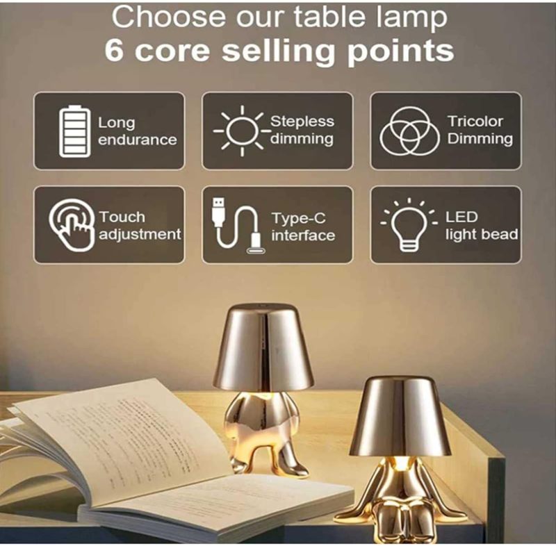 Golden Thinker Table Lamp: 3-Level Dimmable Touch Control, 1800mAh Rechargeable USB, Eye-Softening LED Light - Creative Decorative Figurine Night Light for Home Bedroom Office Library Workplace - Image 4