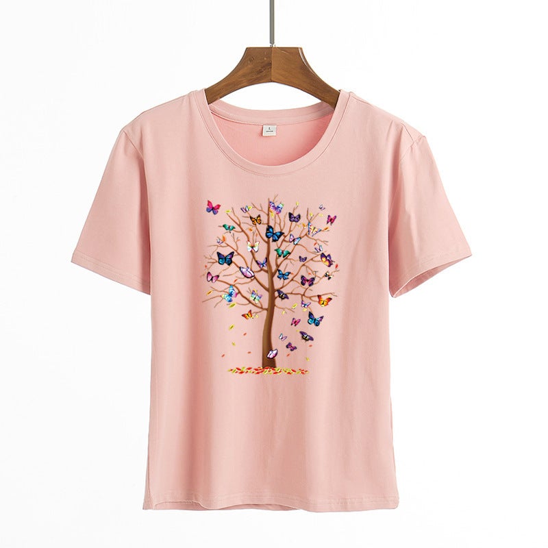 Foreign trade spot 2021 new foreign trade Europe and the United States butterfly tree printing mens and womens T-shirt trend AliExpress womens clothing Pink