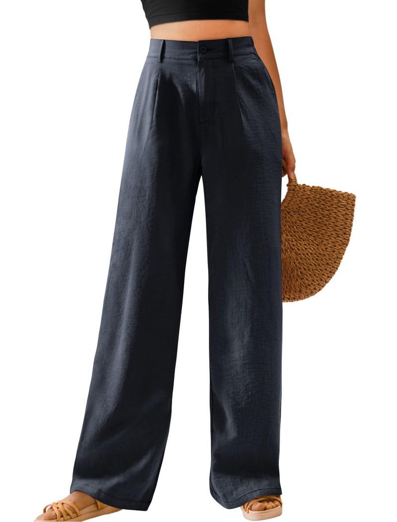 Feiersi Womens Casual Wide Leg Pants High Waisted Button Down Straight Long Trousers Palazzo Pants(Navy Blue,Large) - Image 1