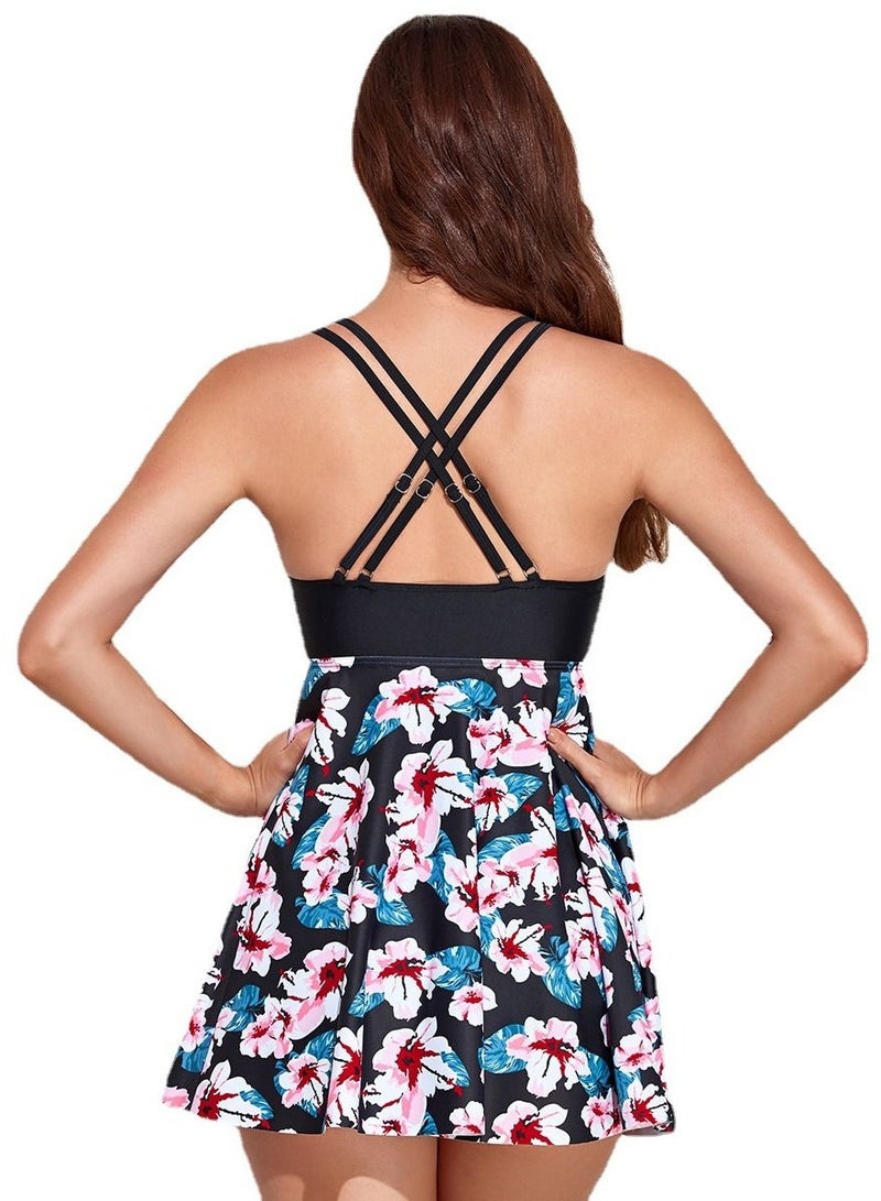 Loquat Printed Two Piece Boxer Trunks Bikini Swimwear Black - Image 2