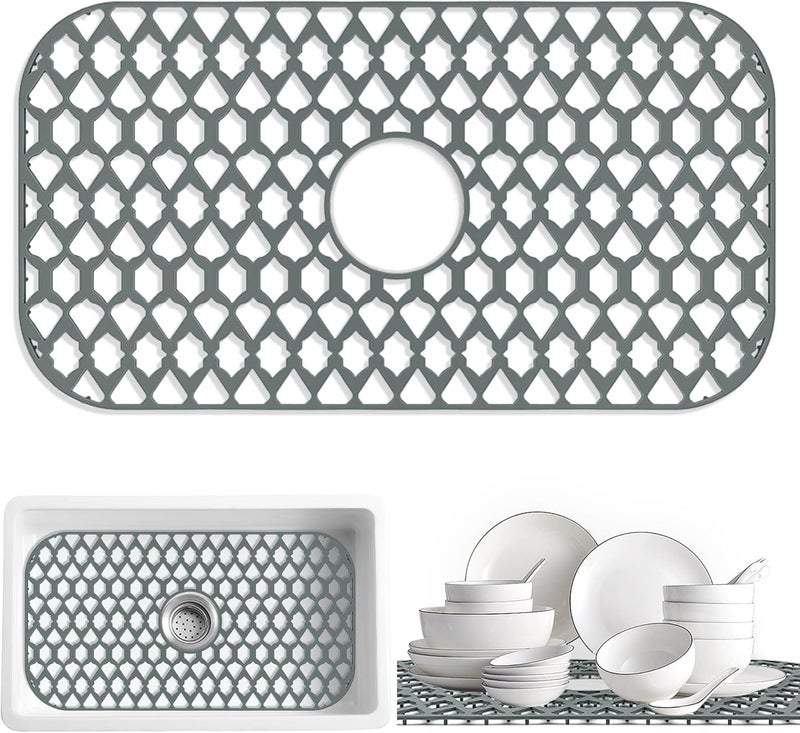 SAMSIER Sink Protectors for Kitchen Sink 13x11 &16x12 &19x13 &19x14 &21x16 &22x13 &24x13 &26x14 &28x14 &30x14 &30x16, Farmhouse Silicone Mats Grid for Bottom (26”x14”, Center Drain) - Image 1