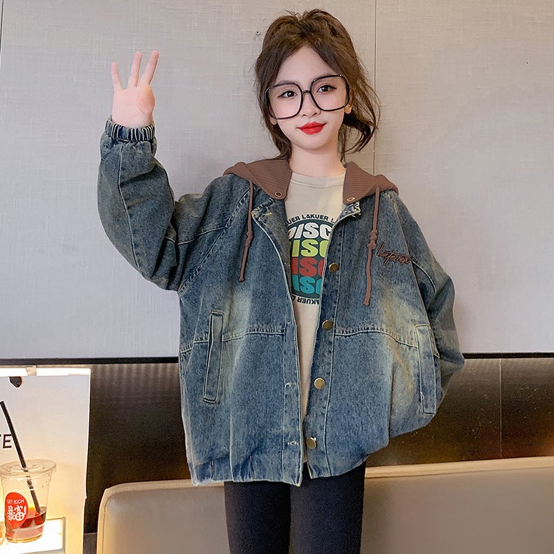 Girls' Coat Korean Style Large Children'S Loose Casual Printed Denim Coat Hooded Top - Image 1