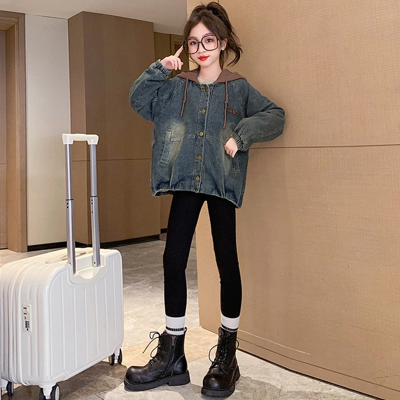 Girls' Coat Korean Style Large Children'S Loose Casual Printed Denim Coat Hooded Top - Image 4
