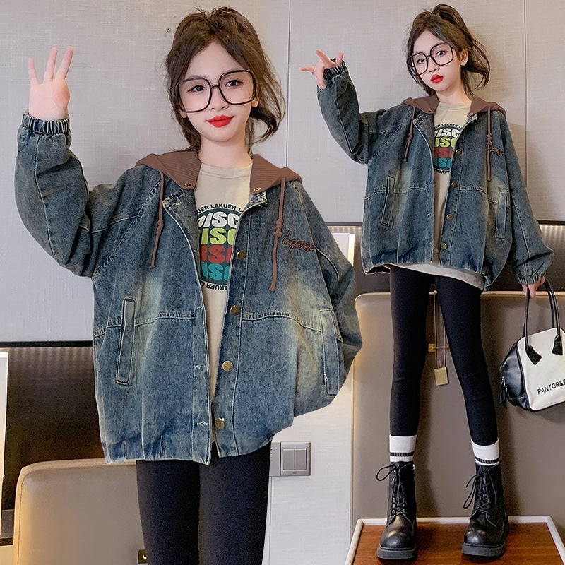 Girls' Coat Korean Style Large Children'S Loose Casual Printed Denim Coat Hooded Top - Image 3