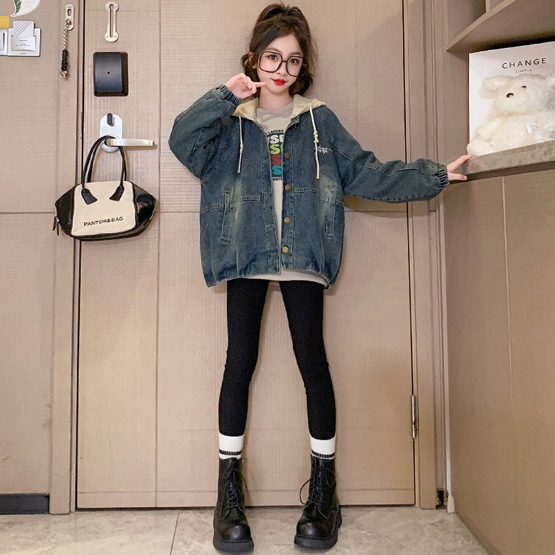 Girls' Coat Korean Style Large Children'S Loose Casual Printed Denim Coat Hooded Top - Image 5