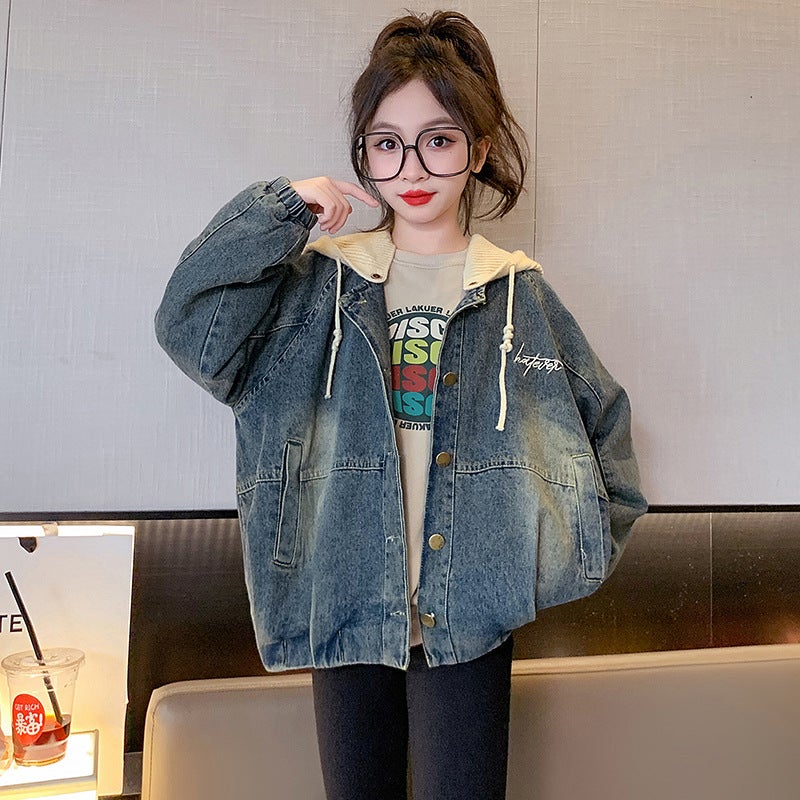 Girls' Coat Korean Style Large Children'S Loose Casual Printed Denim Coat Hooded Top - Image 2
