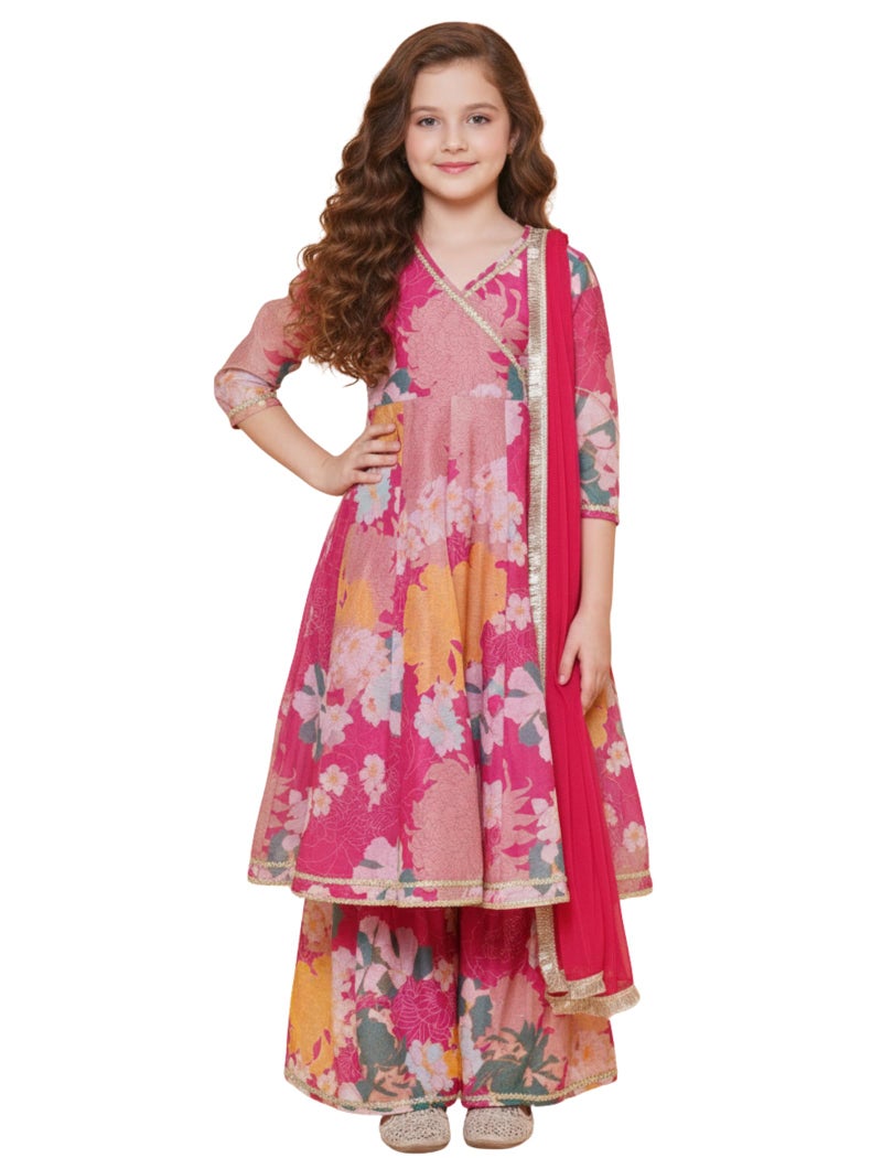 Naixa Girls Rayon Fabric Floral Printed 3/4 Sleeve Pink Sharara Dress Set, 6-7 Years - Image 1
