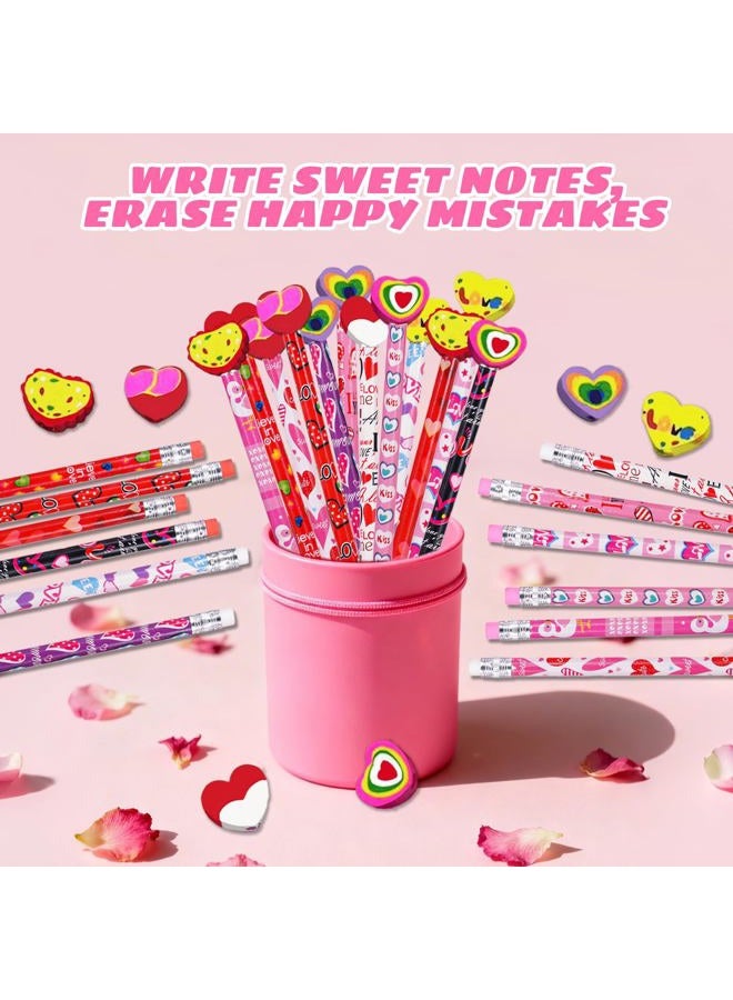 Zhirlyn 48PCS Valentines Pencils with Erasers Stationery Set, 24 Colorful Valentines Pencils in 12 Style, 24 Heart Erasers in 6 Style, Classroom Prizes Gifts - Image 4