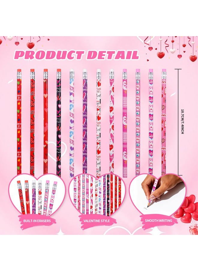 Zhirlyn 48PCS Valentines Pencils with Erasers Stationery Set, 24 Colorful Valentines Pencils in 12 Style, 24 Heart Erasers in 6 Style, Classroom Prizes Gifts - Image 2