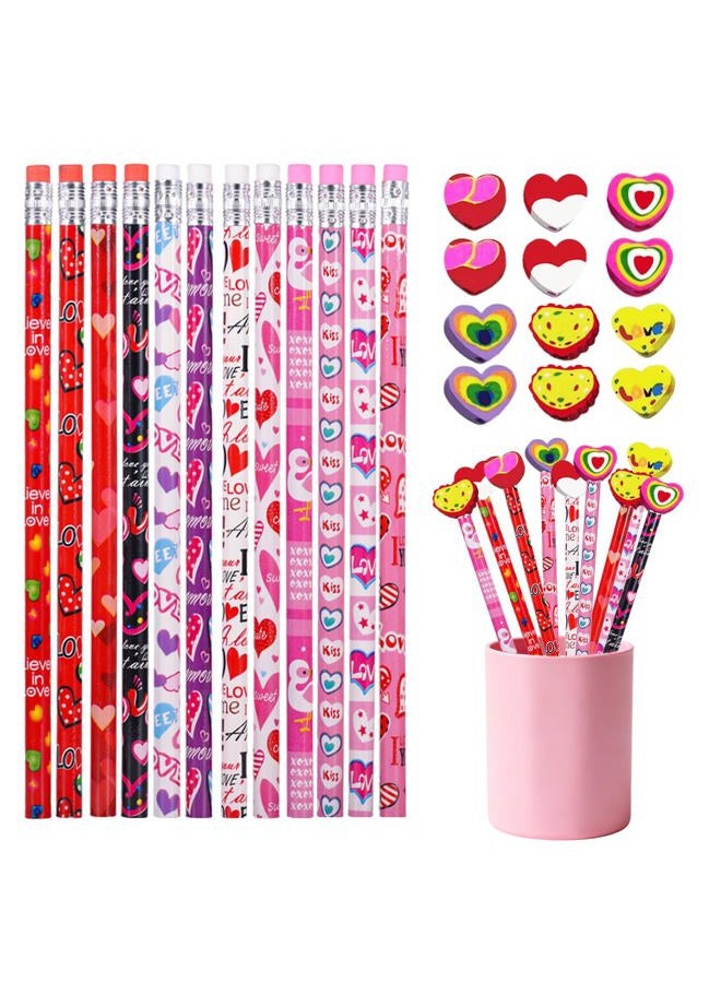 Zhirlyn 48PCS Valentines Pencils with Erasers Stationery Set, 24 Colorful Valentines Pencils in 12 Style, 24 Heart Erasers in 6 Style, Classroom Prizes Gifts - Image 1