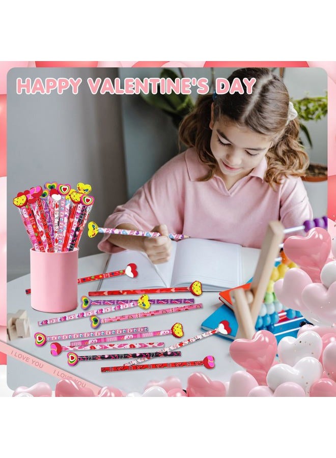 Zhirlyn 48PCS Valentines Pencils with Erasers Stationery Set, 24 Colorful Valentines Pencils in 12 Style, 24 Heart Erasers in 6 Style, Classroom Prizes Gifts - Image 3