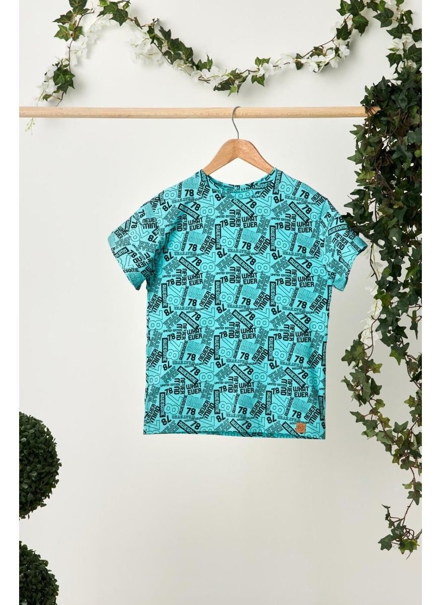 Babygiz Turquoise Boy's Short Sleeve Patterned Crew Neck Anti-Sweat, Soft Comfortable 100% Cotton Combed Cotton T-Shirt  - Image 1