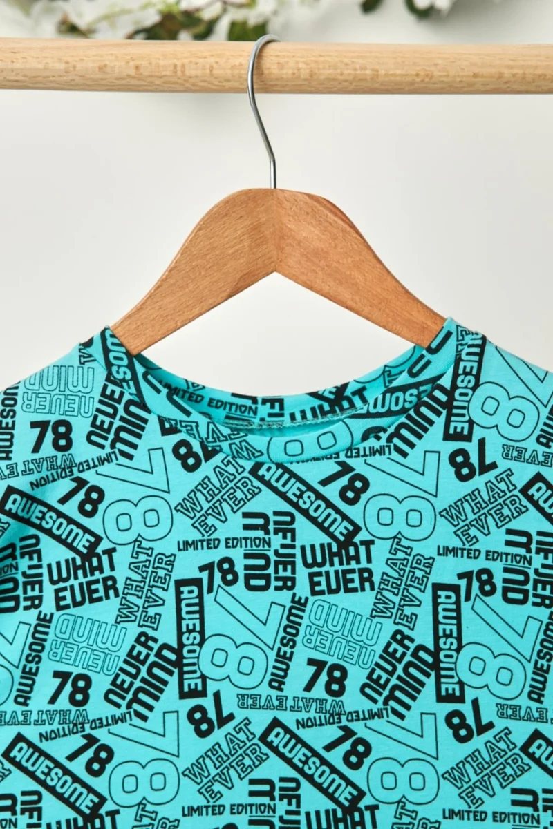 بيبيجيز Turquoise Boy's Short Sleeve Patterned Crew Neck Anti-Sweat, Soft Comfortable 100% Cotton Combed Cotton T-Shirt