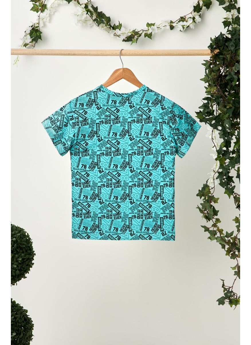 Babygiz Turquoise Boy's Short Sleeve Patterned Crew Neck Anti-Sweat, Soft Comfortable 100% Cotton Combed Cotton T-Shirt  - Image 2