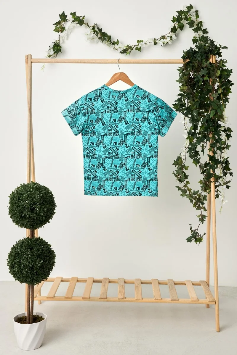 بيبيجيز Turquoise Boy's Short Sleeve Patterned Crew Neck Anti-Sweat, Soft Comfortable 100% Cotton Combed Cotton T-Shirt