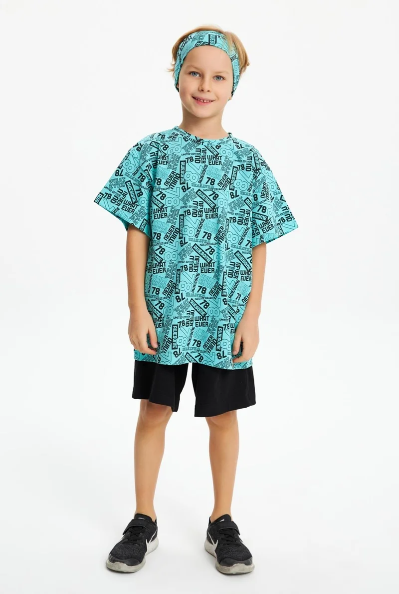 بيبيجيز Turquoise Boy's Short Sleeve Patterned Crew Neck Anti-Sweat, Soft Comfortable 100% Cotton Combed Cotton T-Shirt
