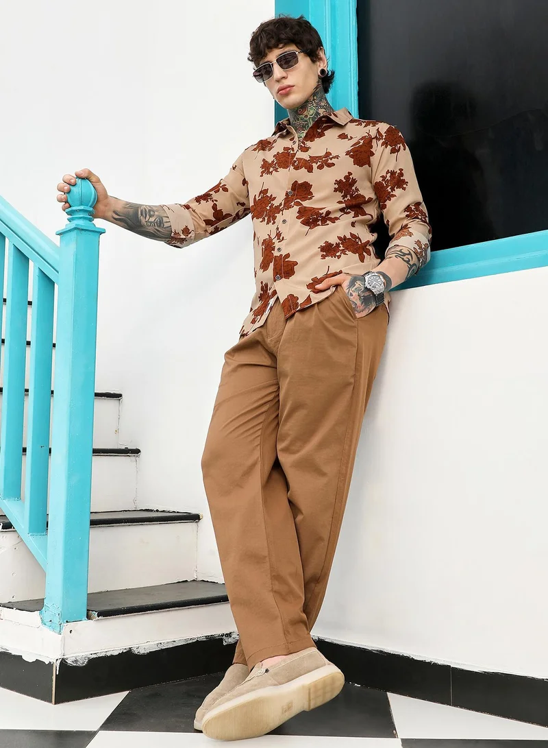 CAHOOT  Men's Russet Brown & Ecru Beige Contrast-Roses Imprint Shirt for Men | Best Price UAE