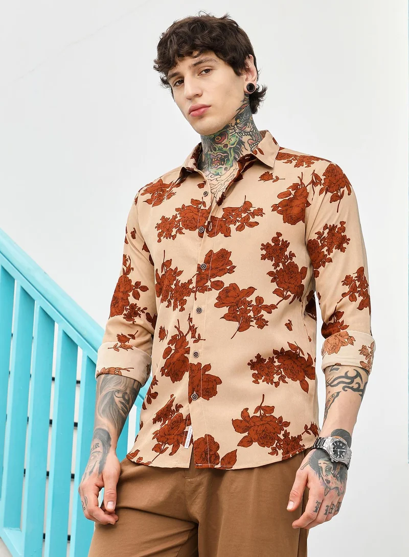 CAHOOT  Men's Russet Brown & Ecru Beige Contrast-Roses Imprint Shirt for Men | Best Price UAE