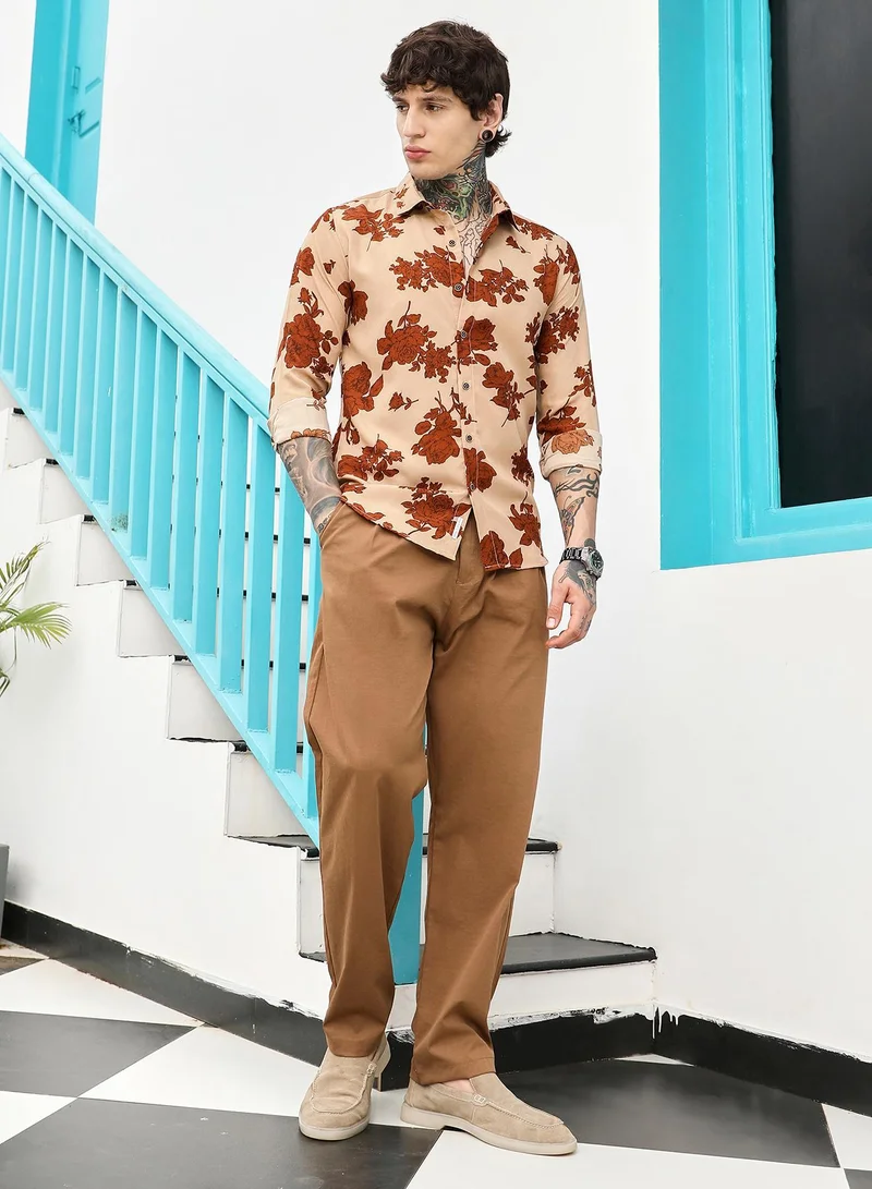 CAHOOT  Men's Russet Brown & Ecru Beige Contrast-Roses Imprint Shirt for Men | Best Price UAE
