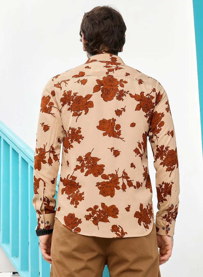 CAHOOT  Men's Russet Brown & Ecru Beige Contrast-Roses Imprint Shirt for Men | Best Price UAE