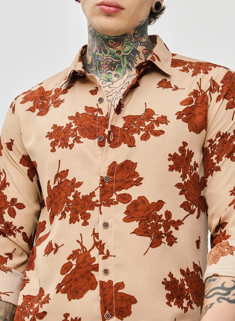 CAHOOT  Men's Russet Brown & Ecru Beige Contrast-Roses Imprint Shirt for Men | Best Price UAE