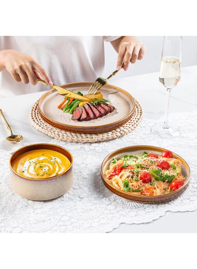 LERATIO Ceramic Dinnerware Sets for 4,Round Reactive Glaze Ceramic Plates and Bowls Set,Highly Chip and Crack Resistant | Dishwasher & Microwave Safe Dishes Set,Service for 4 (12pc)-Kahki - Image 4