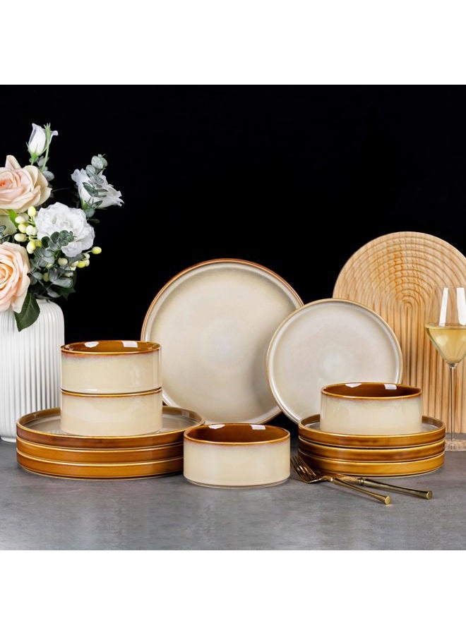 LERATIO Ceramic Dinnerware Sets for 4,Round Reactive Glaze Ceramic Plates and Bowls Set,Highly Chip and Crack Resistant | Dishwasher & Microwave Safe Dishes Set,Service for 4 (12pc)-Kahki - Image 1