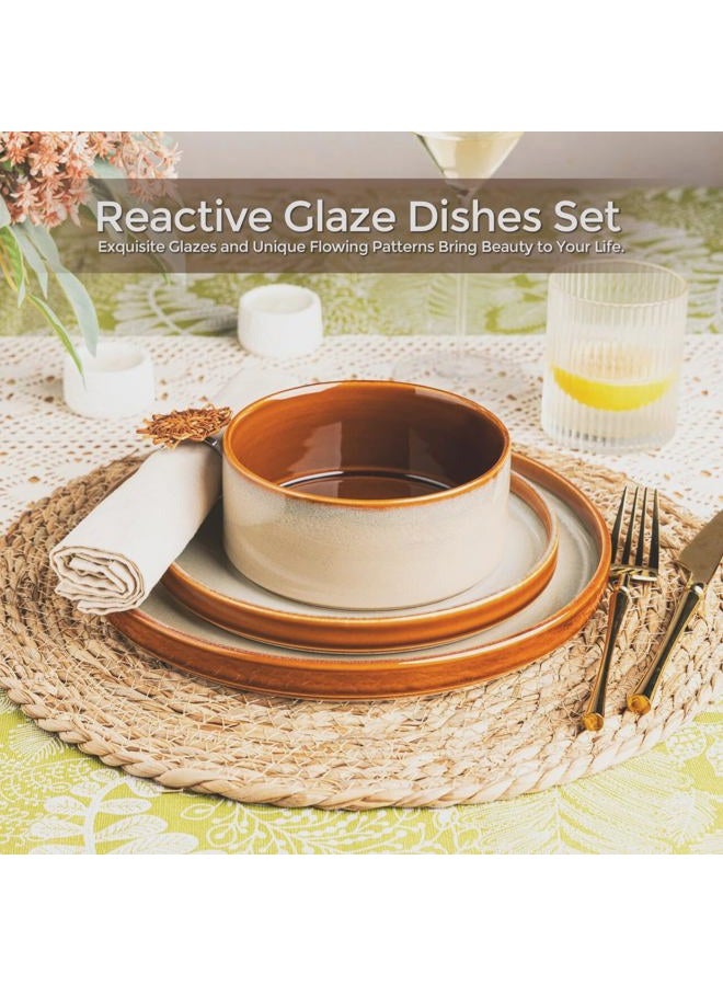 LERATIO Ceramic Dinnerware Sets for 4,Round Reactive Glaze Ceramic Plates and Bowls Set,Highly Chip and Crack Resistant | Dishwasher & Microwave Safe Dishes Set,Service for 4 (12pc)-Kahki - Image 3